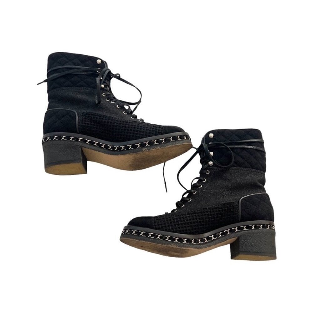 Chanel black tweed and suede combat boots size 38 - Picture 2 of 11
